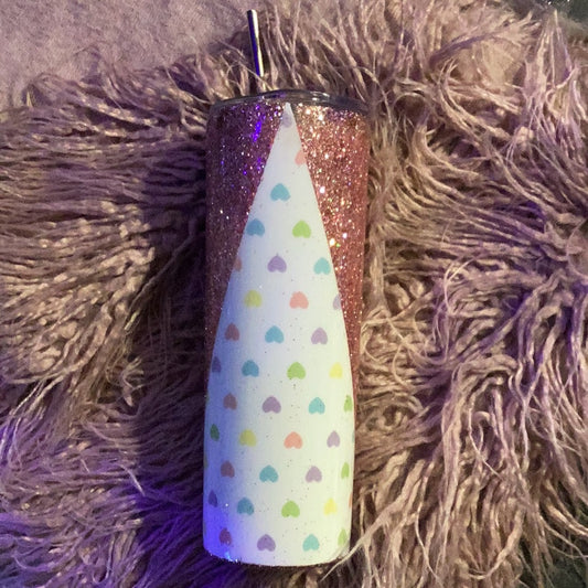 20 oz tumbler with pastel rainbow hearts and pink glitter top, stainless steel with lid and straw