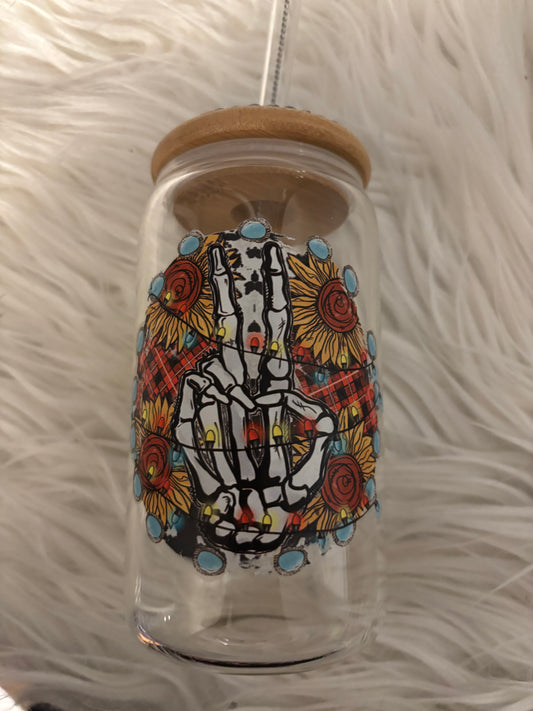 Skeleton Peace Hand Glass Can Tumbler – 14 oz Floral, Plaid & Sunflower Design