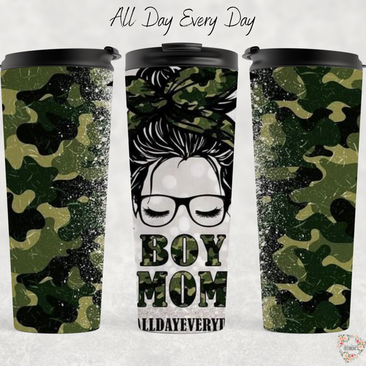 Boy Mom Tumbler – All Day Every Day | Messy Bun Mom Life Cup for Busy Moms