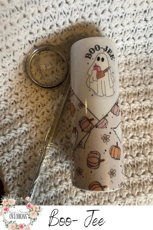 20 oz tumbler with ghost, hearts, and “Boo-Jee” text, perfect for fall or Halloween; includes lid and straw