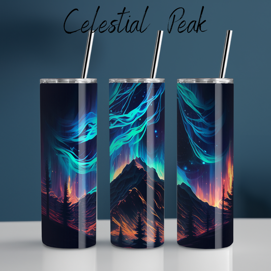 Northern Lights tumbler with aurora borealis and mountain landscape design – insulated stainless steel drinkware for hot and cold beverages.