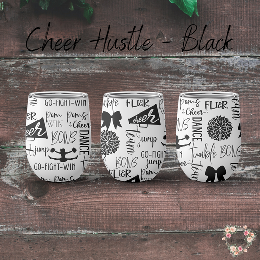 Cheer Hustle Tumbler – Black & White | Cheerleader, Dance, & Coach Gift | Insulated Travel Mug & Water Bottle