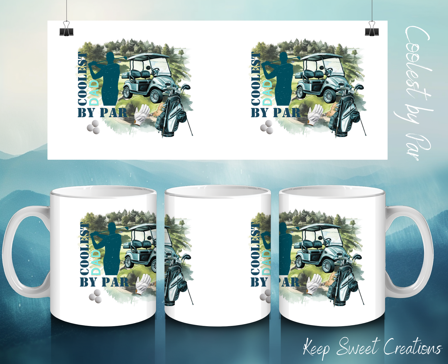 Coolest by Par coffee mug with golf-themed design for dads – white ceramic cup with bold black text and golf ball graphic, perfect Father’s Day gift