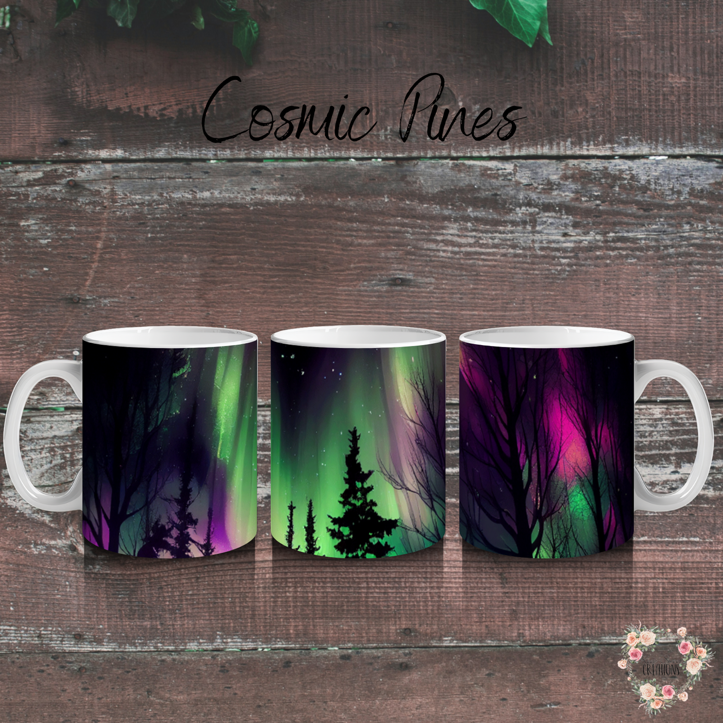 Northern Lights Cosmic Pines tumbler with aurora borealis and pine forest design – celestial drinkware available as coffee mug, water bottle, or handle tumbler