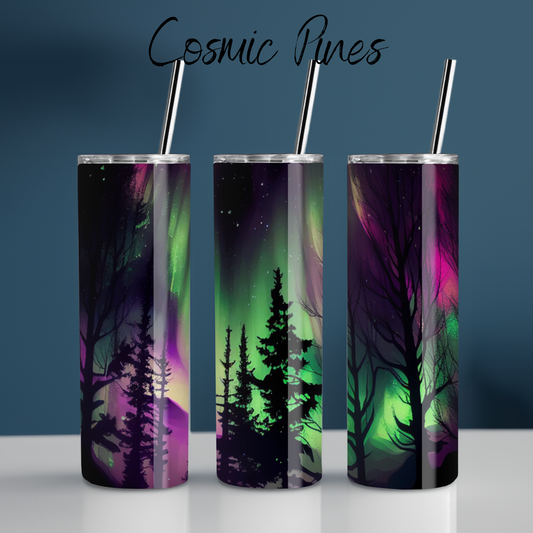 Northern Lights Cosmic Pines tumbler with aurora borealis and pine forest design – celestial drinkware available as coffee mug, water bottle, or handle tumbler