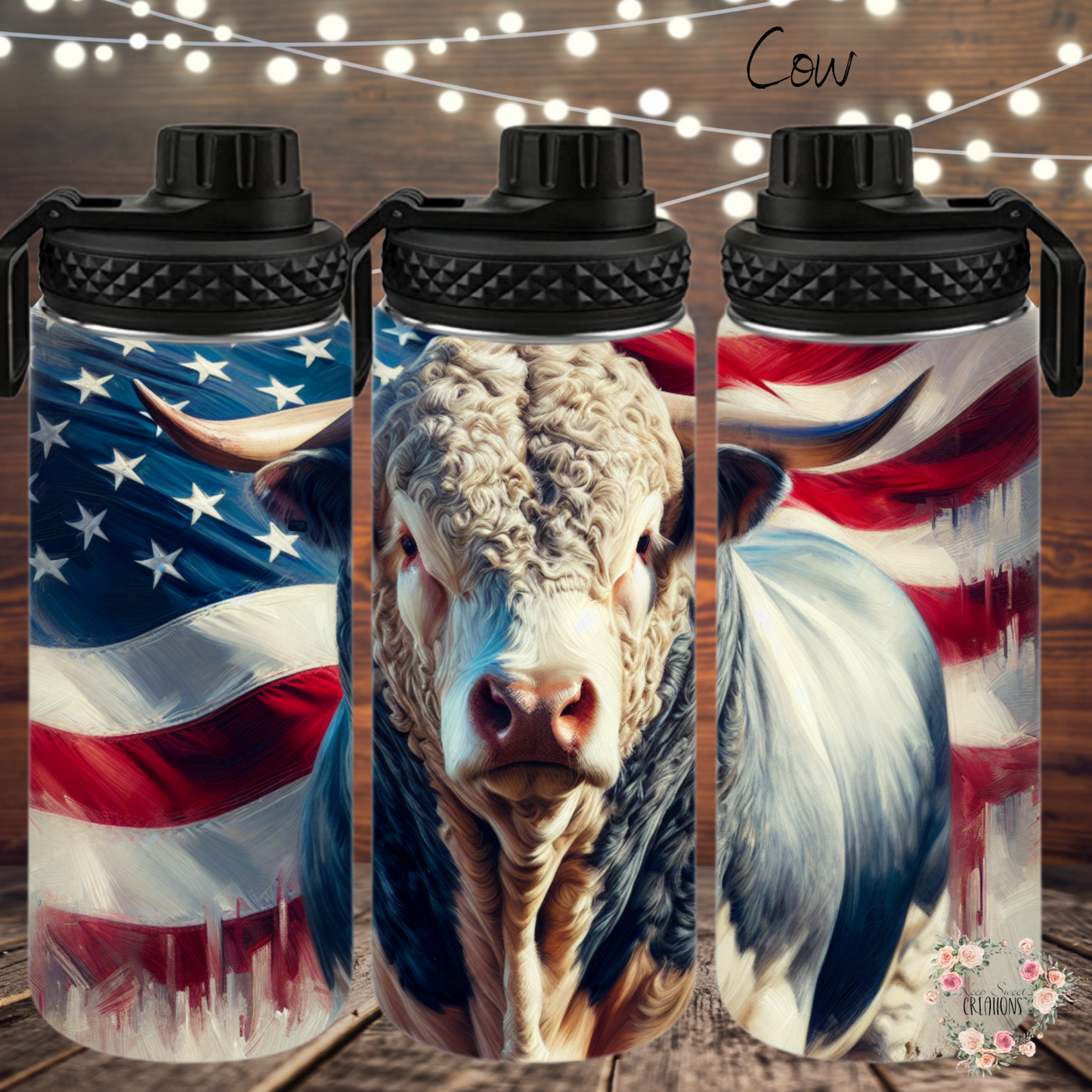 Patriotic cow tumbler featuring a detailed cow portrait with an American flag background. Available in multiple tumbler styles, including stainless steel, straw tumblers, and sports bottles. Perfect for country and farm life enthusiasts.