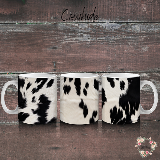 Cowhide handle mug – black & white rustic design