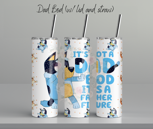Funny 20 oz skinny tumbler with ‘Dad Bod – It’s Not a Flaw, It’s a Father Figure’ text and cartoon dad graphics – novelty gift for dads