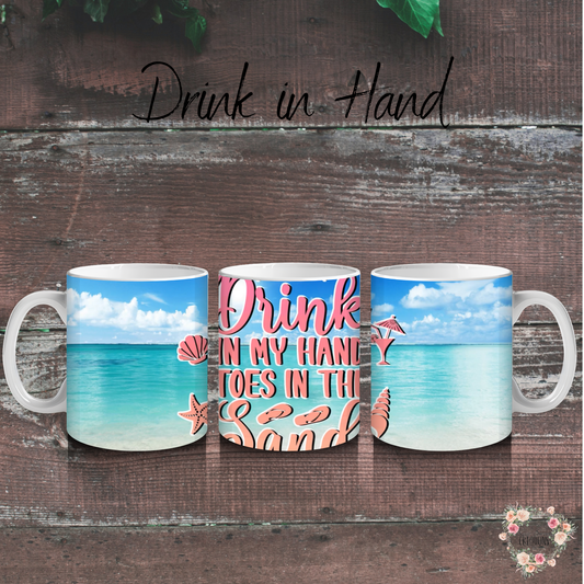Drink in Hand Ocean Beach Coffee Mug – 11 oz Ceramic Cup with Ocean and Sand Graphic