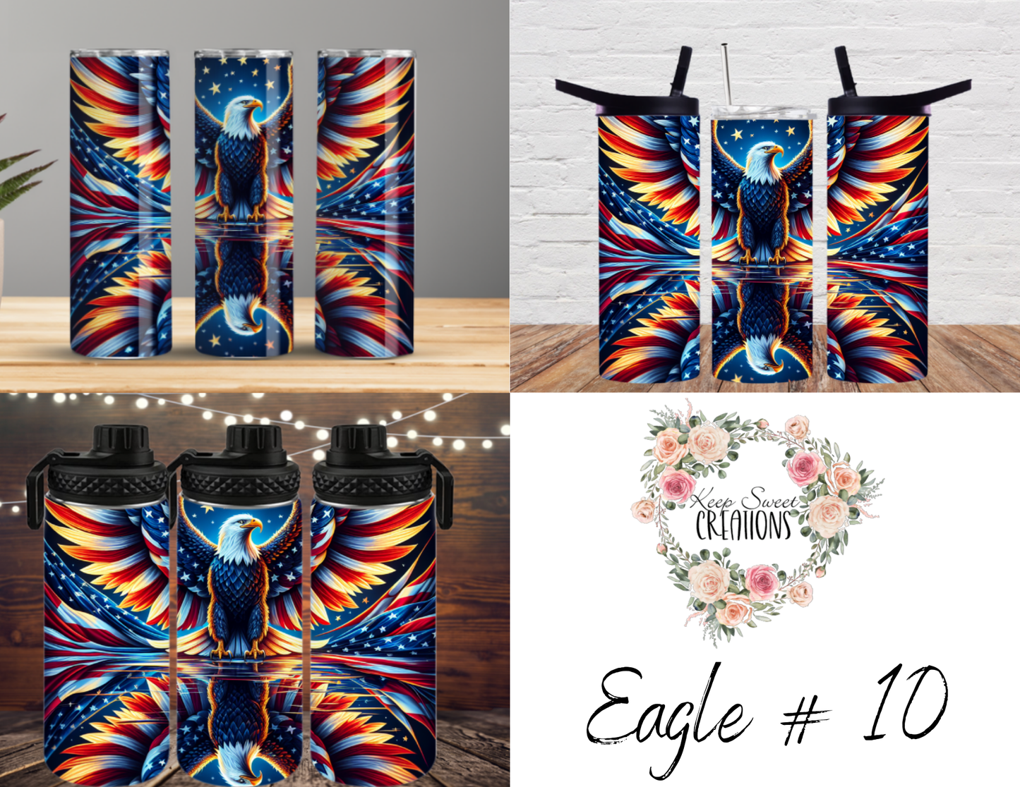 Dynamic and artistic eagle designs, featuring bold colors, abstract patterns, and patriotic elements.