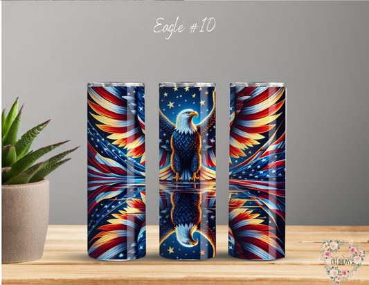 Dynamic and artistic eagle designs, featuring bold colors, abstract patterns, and patriotic elements.