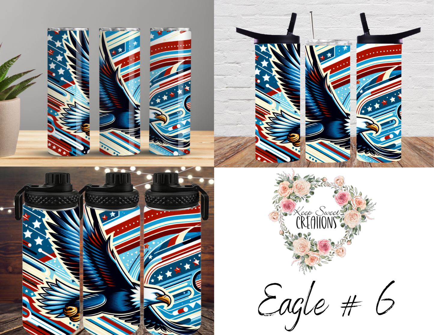 Dynamic and artistic eagle designs, featuring bold colors, abstract patterns, and patriotic elements.