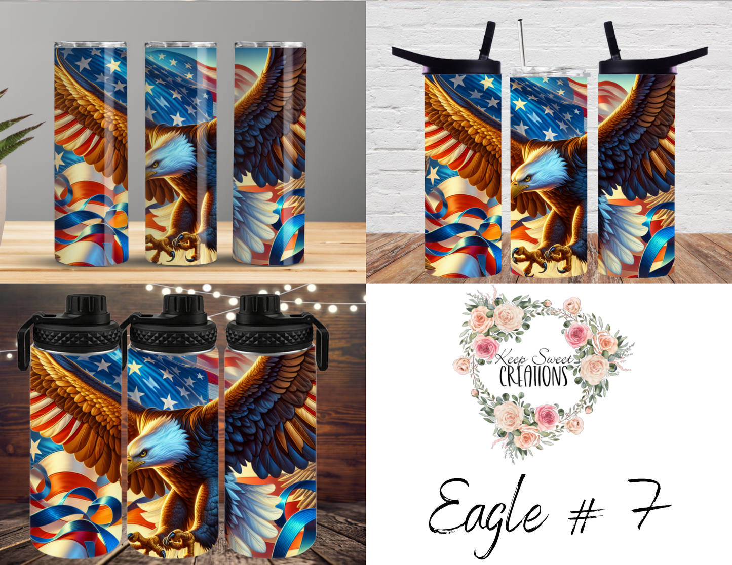 Dynamic and artistic eagle designs, featuring bold colors, abstract patterns, and patriotic elements.