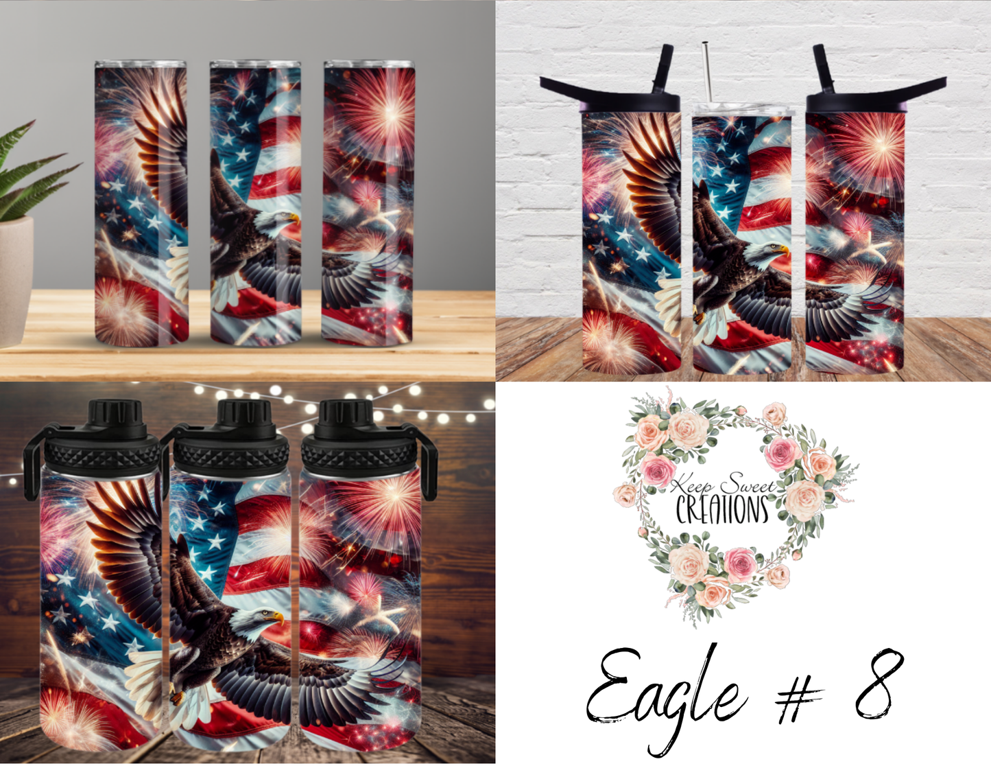 Dynamic and artistic eagle designs, featuring bold colors, abstract patterns, and patriotic elements.