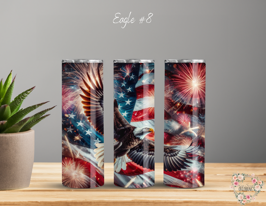 Dynamic and artistic eagle designs, featuring bold colors, abstract patterns, and patriotic elements.