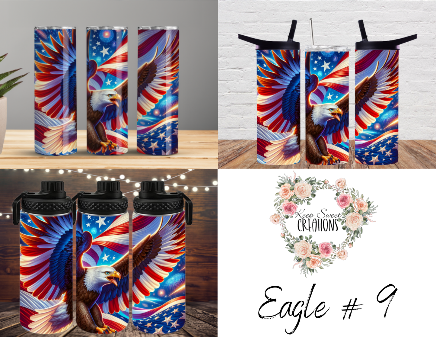 Dynamic and artistic eagle designs, featuring bold colors, abstract patterns, and patriotic elements.