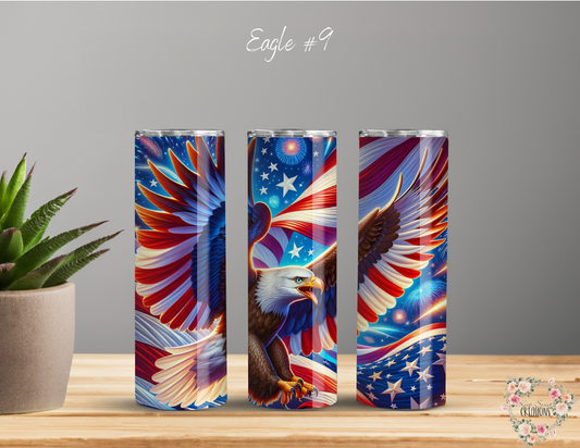 Dynamic and artistic eagle designs, featuring bold colors, abstract patterns, and patriotic elements.