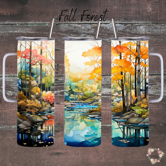 Fall Forest Tumbler with autumn leaves and golden light design