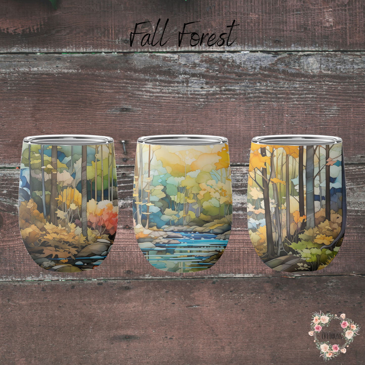 Fall Forest Tumbler with autumn leaves and golden light design
