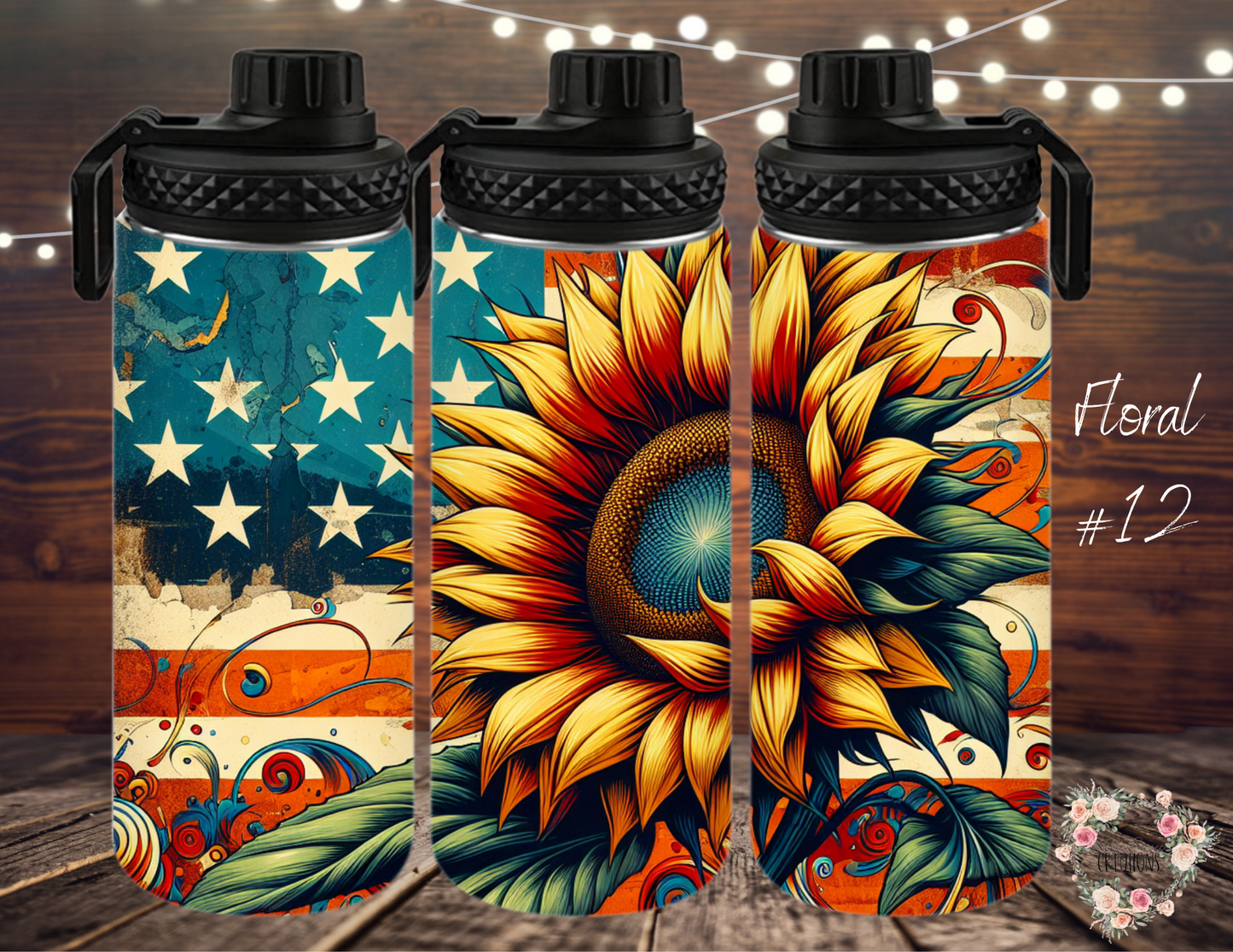 Sunflower Floral American Flag Tumbler – Patriotic Country Chic (Floral #12)