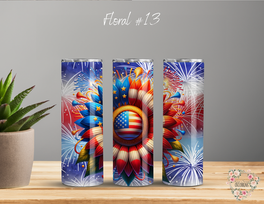 Patriotic Sunflower Tumbler – Bold Red, White & Blue Cup (Floral #13)