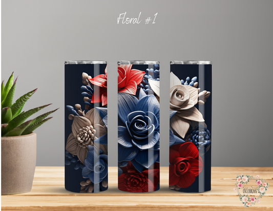 Floral Patriotic Tumbler – Red, White & Blue Flowers (Floral #1)
