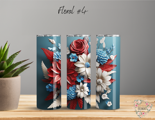 Red, White & Blue Flower Cup | Patriotic USA Drinkware - (Floral #4) Tumbler