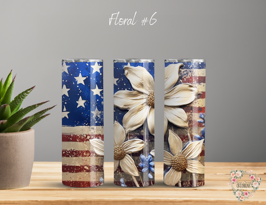 Rustic American Flag & Floral Cup | Patriotic Drinkware - (Floral #6) Tumbler