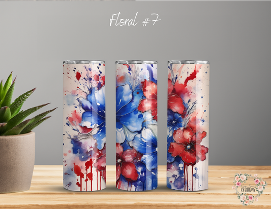 Rustic American Flag & Bold Floral Cup | Patriotic USA Drinkware - (Floral #7) Tumbler