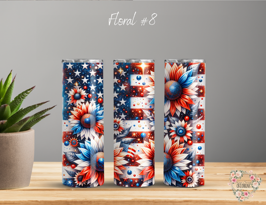 Rustic American Flag & Red, White & Blue Flowers - (Floral #8) Tumbler