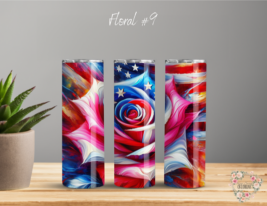 Rustic Red, White & Blue Floral Cup | Patriotic USA Drinkware - (Floral #9) Tumbler