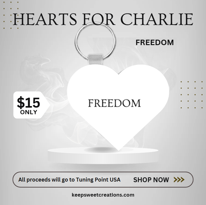 Heart-shaped FREEDOM keychain in white with bold black text. $15 fundraiser by Keep Sweet Creations benefiting Turning Point USA.