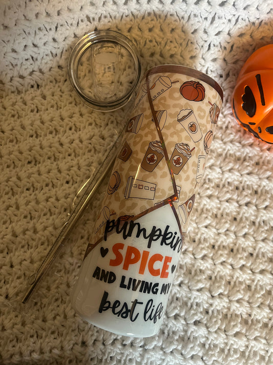 20 oz tumbler with autumn tones, coffee cup graphics, and “Pumpkin Spice and Living My Best Life” quote, includes lid and straw