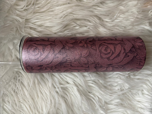 Rose Luxe Glitter Tumbler – 30 oz Pink Floral Stainless Steel Cup with Lid & Straw