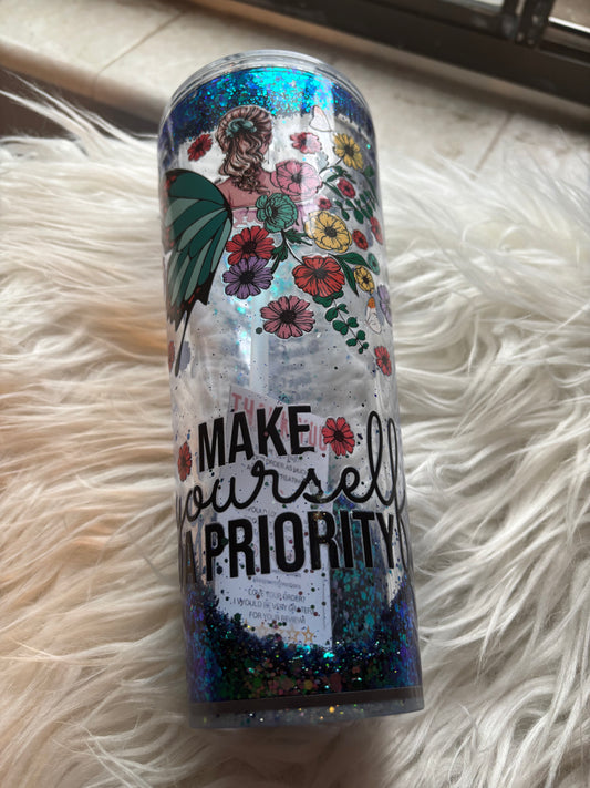 24 oz Snowglobe Glitter Tumbler – Make Yourself a Priority Design with Floral Accents