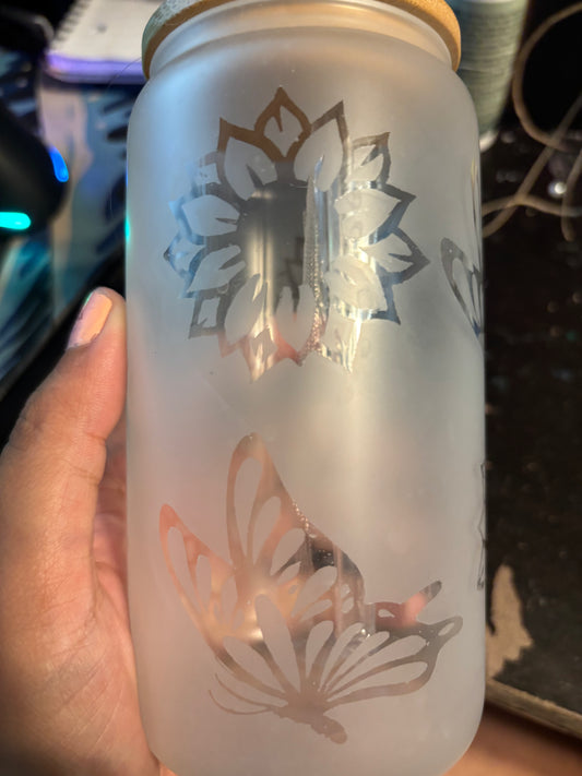 Engraved Butterfly Flower Glass Can – Iced Coffee Glass | Reusable Aesthetic Drinkware