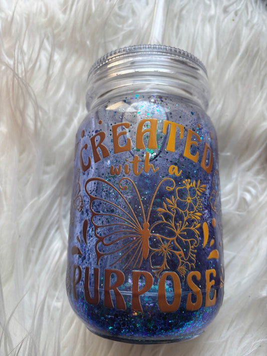 “Created With Purpose” 16 oz. snowglobe glass can tumbler with glitter, tree graphic, bamboo lid, and straw – inspirational Christian drinkware