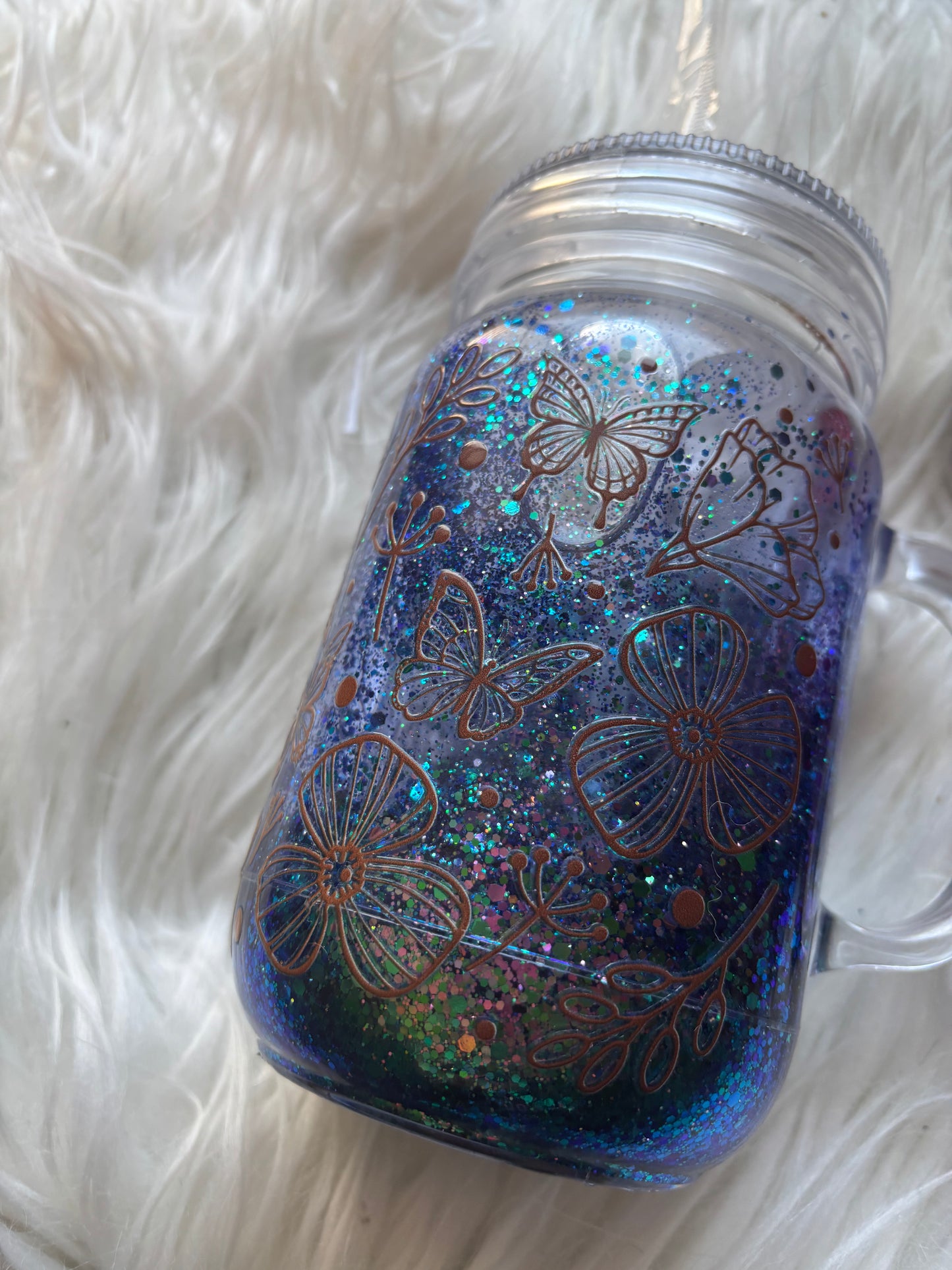 “Created With Purpose” 16 oz. snowglobe glass can tumbler with glitter, tree graphic, bamboo lid, and straw – inspirational Christian drinkware