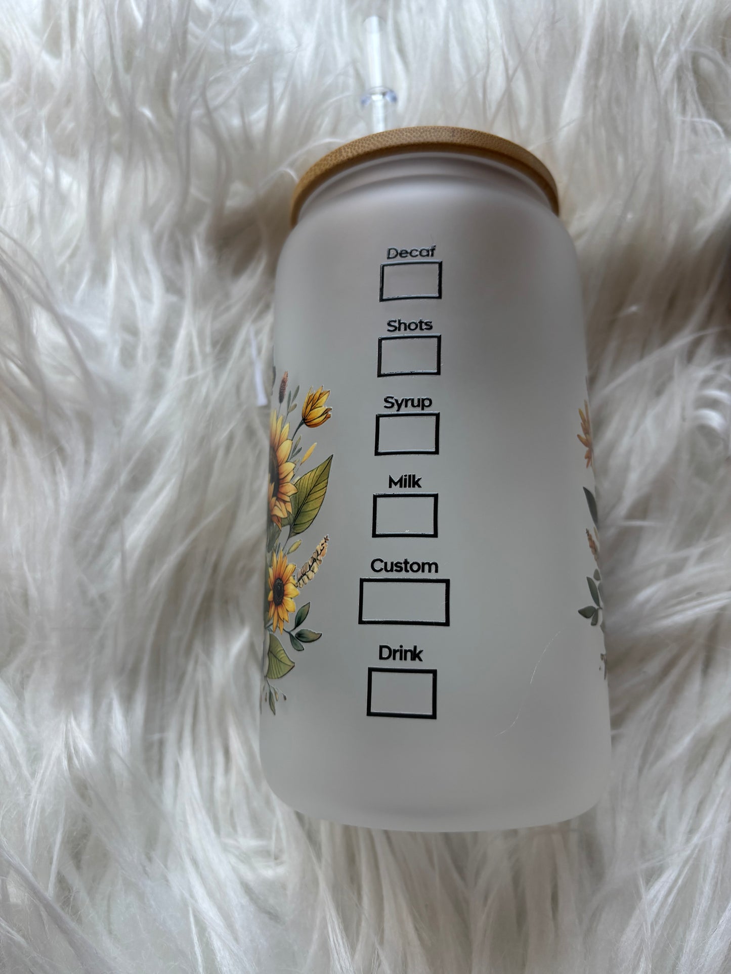 14 oz. frosted glass can with UV-DTF sunflower highland cow design, bamboo lid, and straw – rustic country tumbler