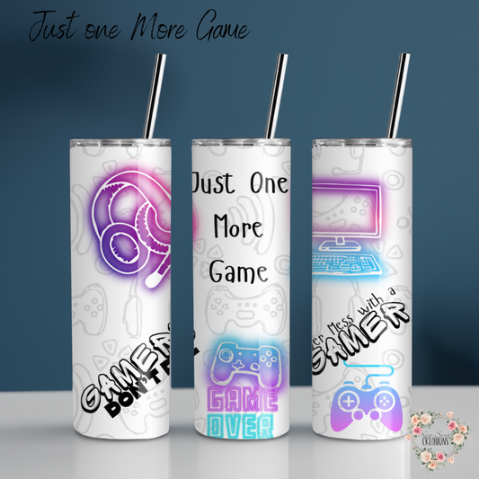 Gamer Mode Tumbler – Just One More Game! | Neon Controller Stainless Steel Cup for Gamers