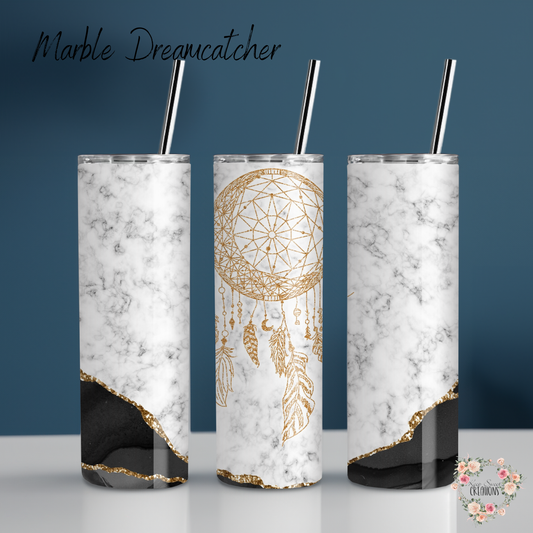 Marble Dreamcatcher Tumbler – Boho Marble Cup | Gold Dreamcatcher Stainless Steel Drinkware