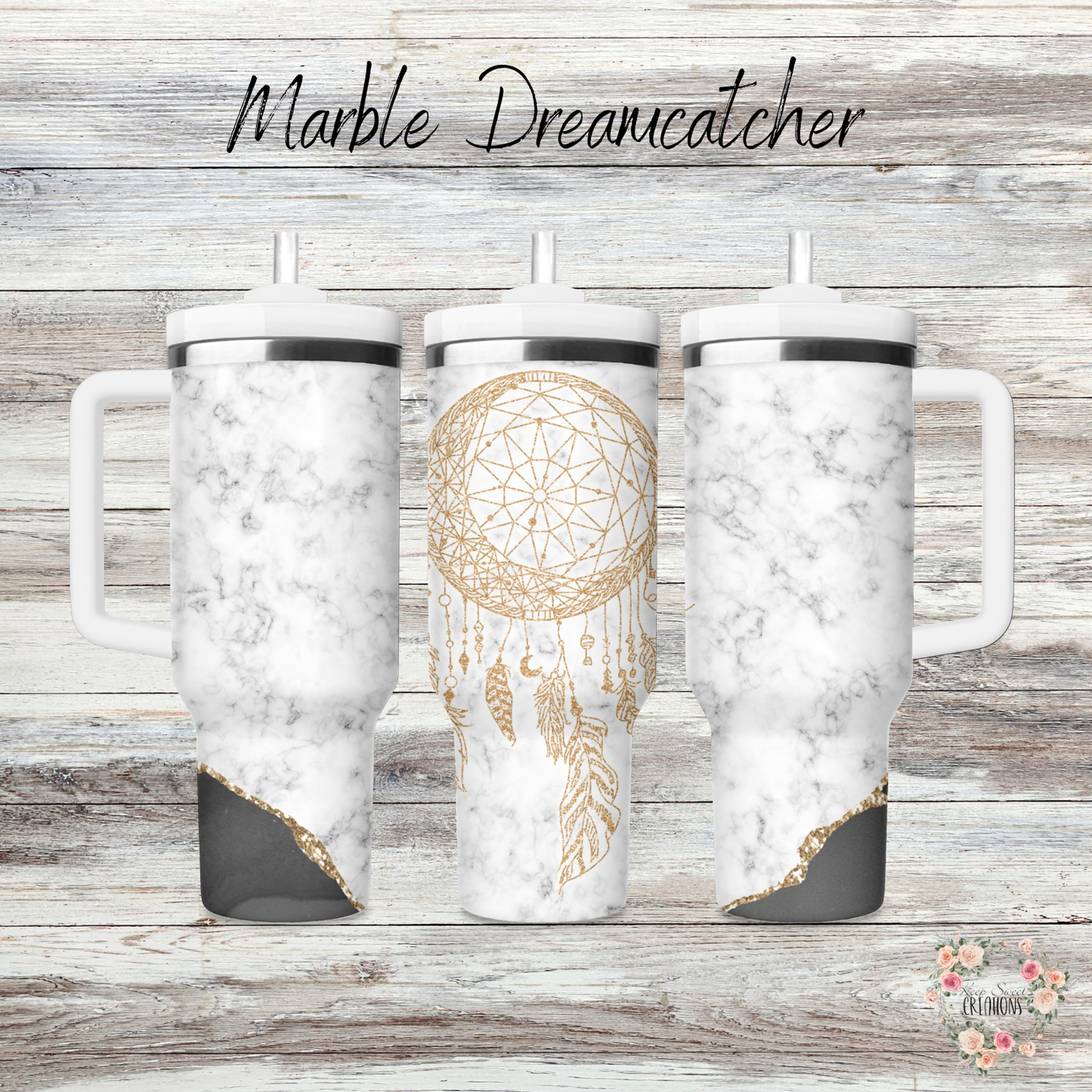 Marble Dreamcatcher Tumbler – Boho Marble Cup | Gold Dreamcatcher Stainless Steel Drinkware