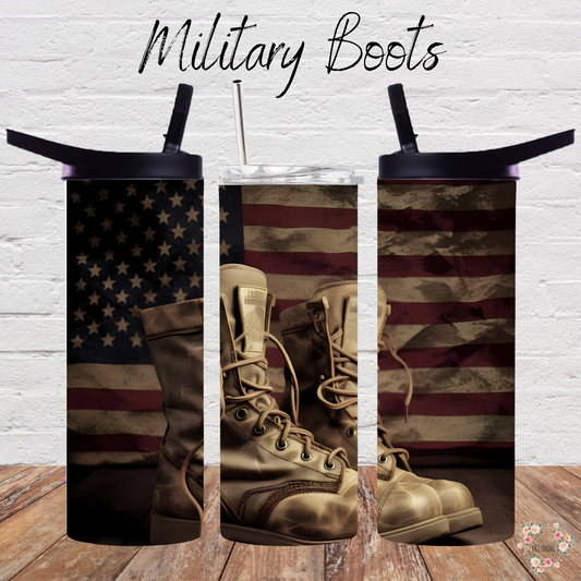Patriotic Military Boots Tumbler – American Flag Veteran Tribute (Cowboy Boots #7)
