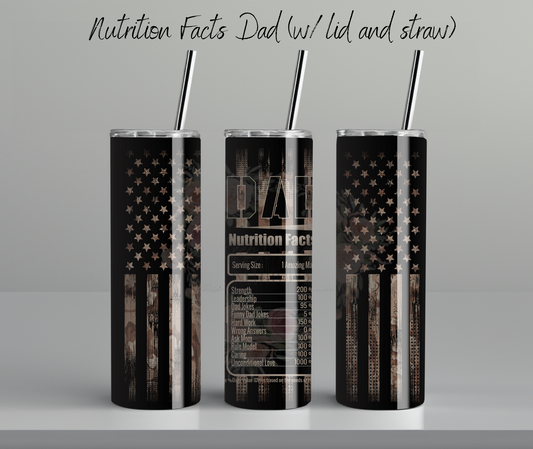 Black 20 oz tumbler with American flag design and funny ‘Dad Nutrition Facts’ label – novelty gift for Father’s Day