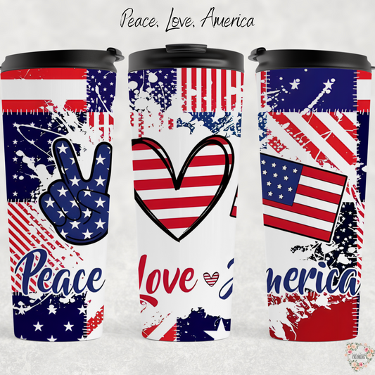 Peace, Love, America Tumbler – Patriotic USA Cup | Red White & Blue