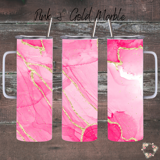 Pink marble handle tumbler with gold accents – custom drinkware