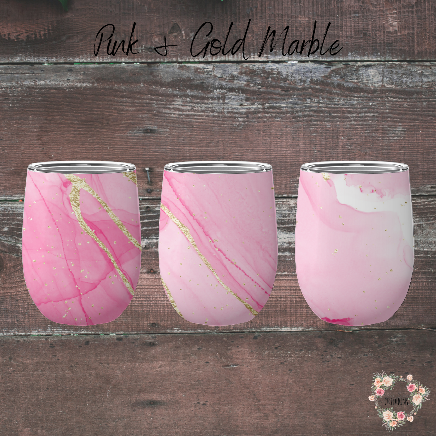 Pink marble wine tumbler with gold accents – custom drinkware