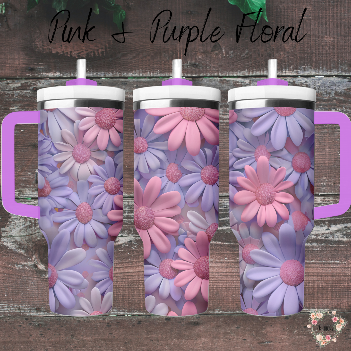 Pink & Purple Floral Tumbler with bold daisy design in magenta, lavender, and violet tones