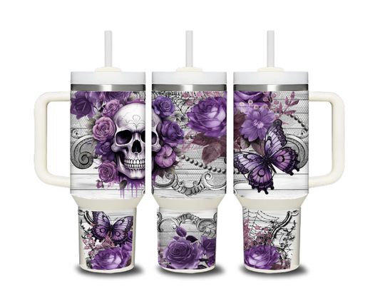 40 oz tumbler with handle featuring a purple skull, roses, and butterflies design on a white distressed background