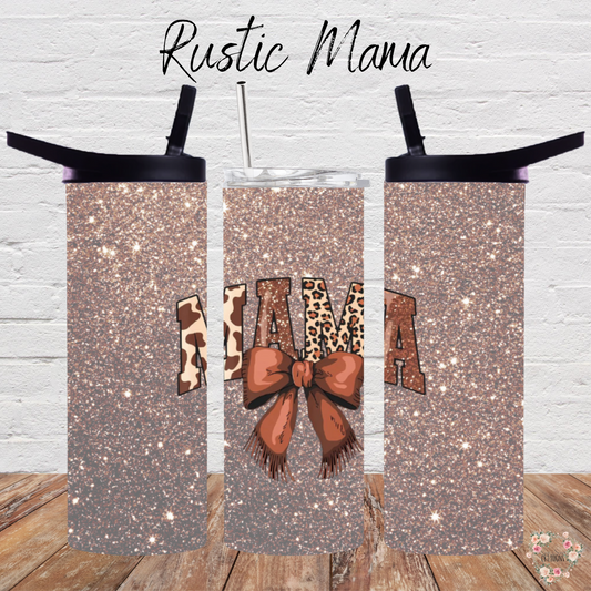 20 oz. Water Bottle - Show off your wild side with this glittery Rustic Mama mug! Featuring bold animal print "MAMA" lettering accented with a rich brown bow, this design pops against a sparkling faux-glitter background. Perfect for moms who love rustic vibes, animal prints, and a touch of glam.